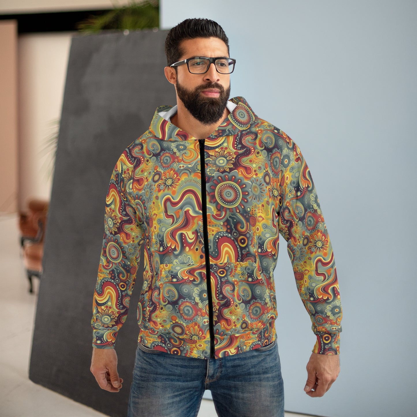 Sudadera con capucha y cremallera de estilo bohemio y colorido: perfecta para festivales y días de relax