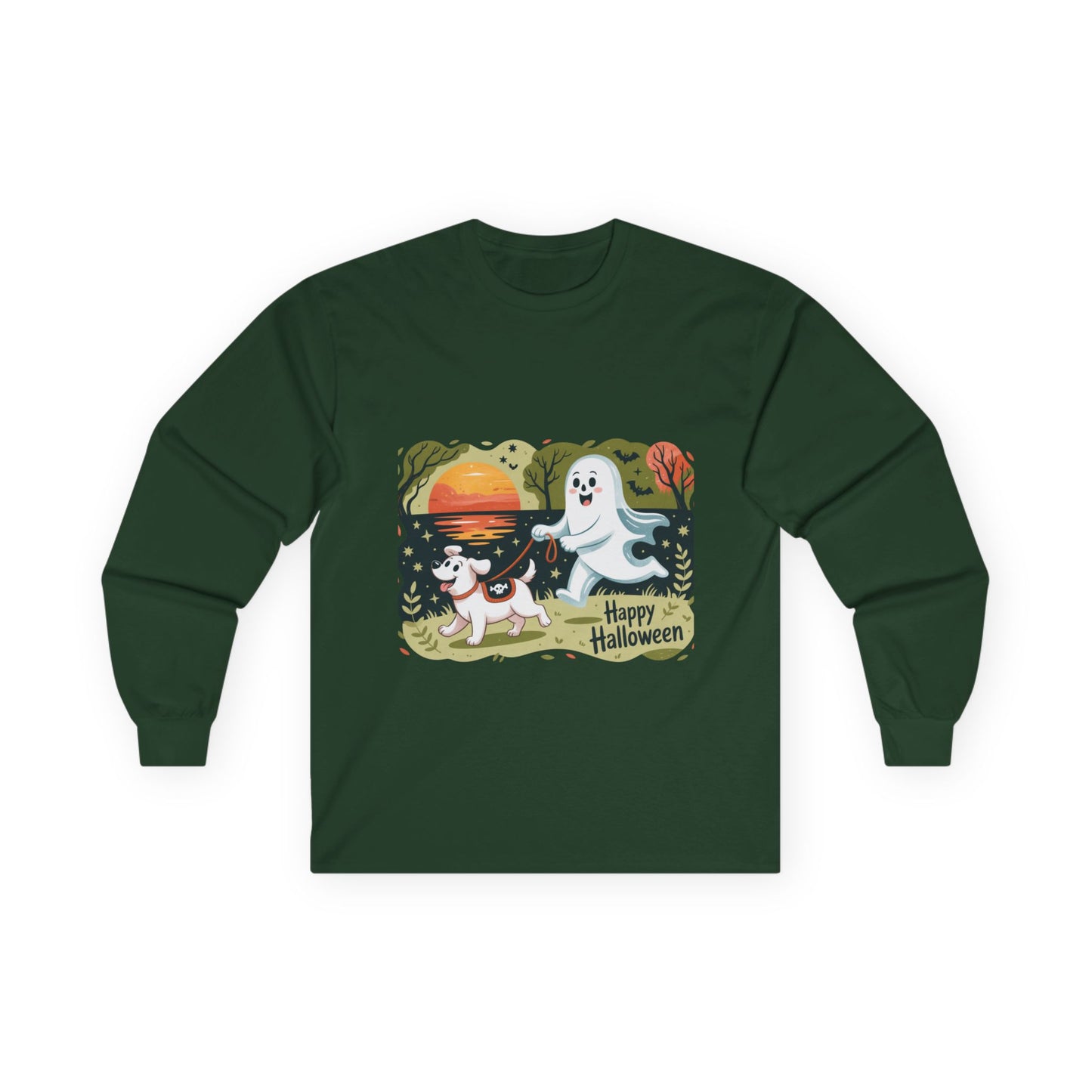 Halloween Ghost and Dog Long Sleeve Tee, Spooky Shirt, Fall Apparel, Unisex Halloween Shirt, Pumpkin Dog Tee, Cute Halloween Gift