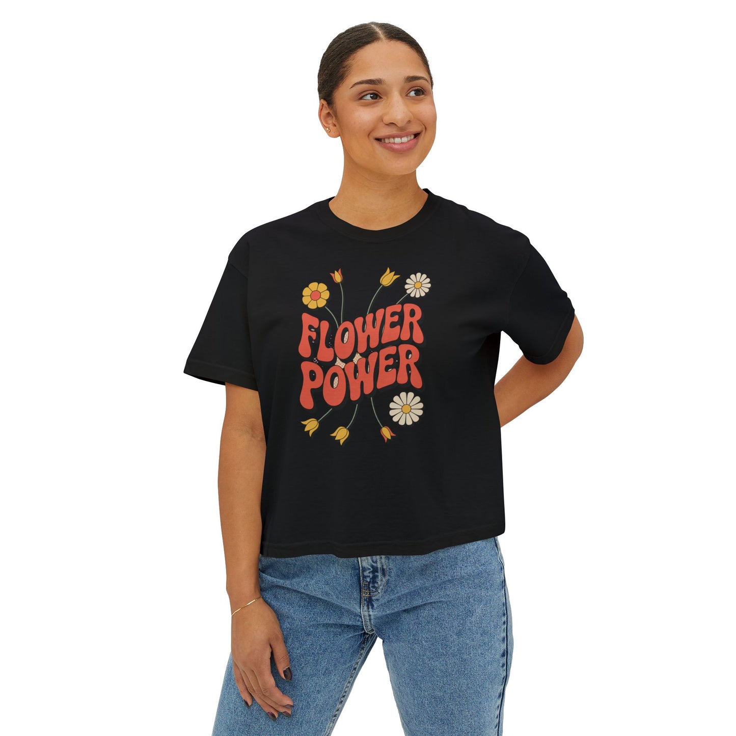 Flower Power Women's Boxy Tee, Vintage Inspired Top, Casual Streetwear, Boho Style Shirt, Perfect for Festivals, Everyday Wear
