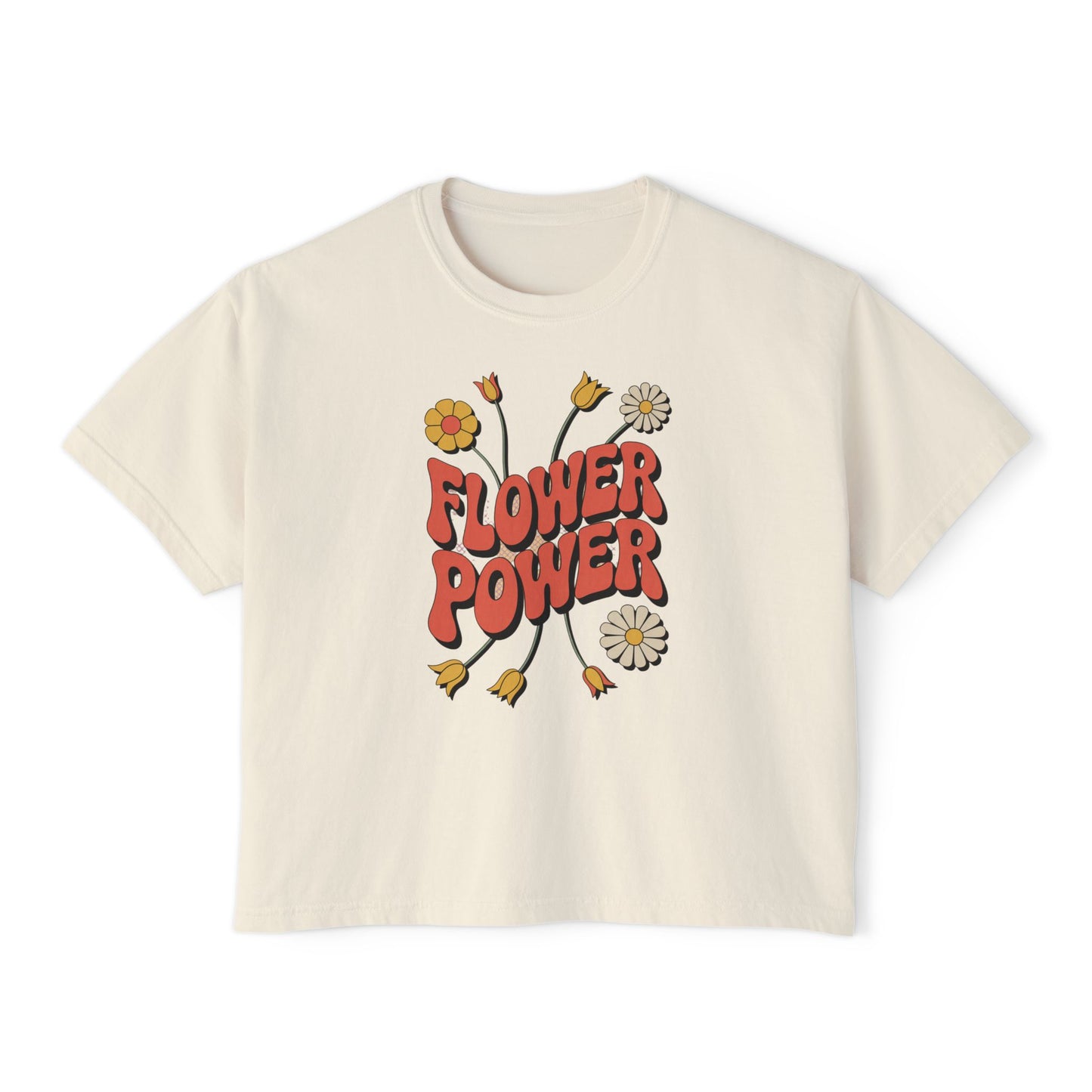 Flower Power Women's Boxy Tee, Vintage Inspired Top, Casual Streetwear, Boho Style Shirt, Perfect for Festivals, Everyday Wear