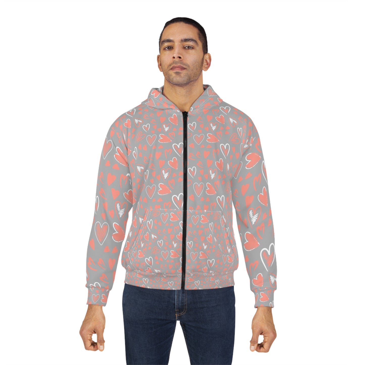 Valentine's Day Heart Pattern Zip Hoodie