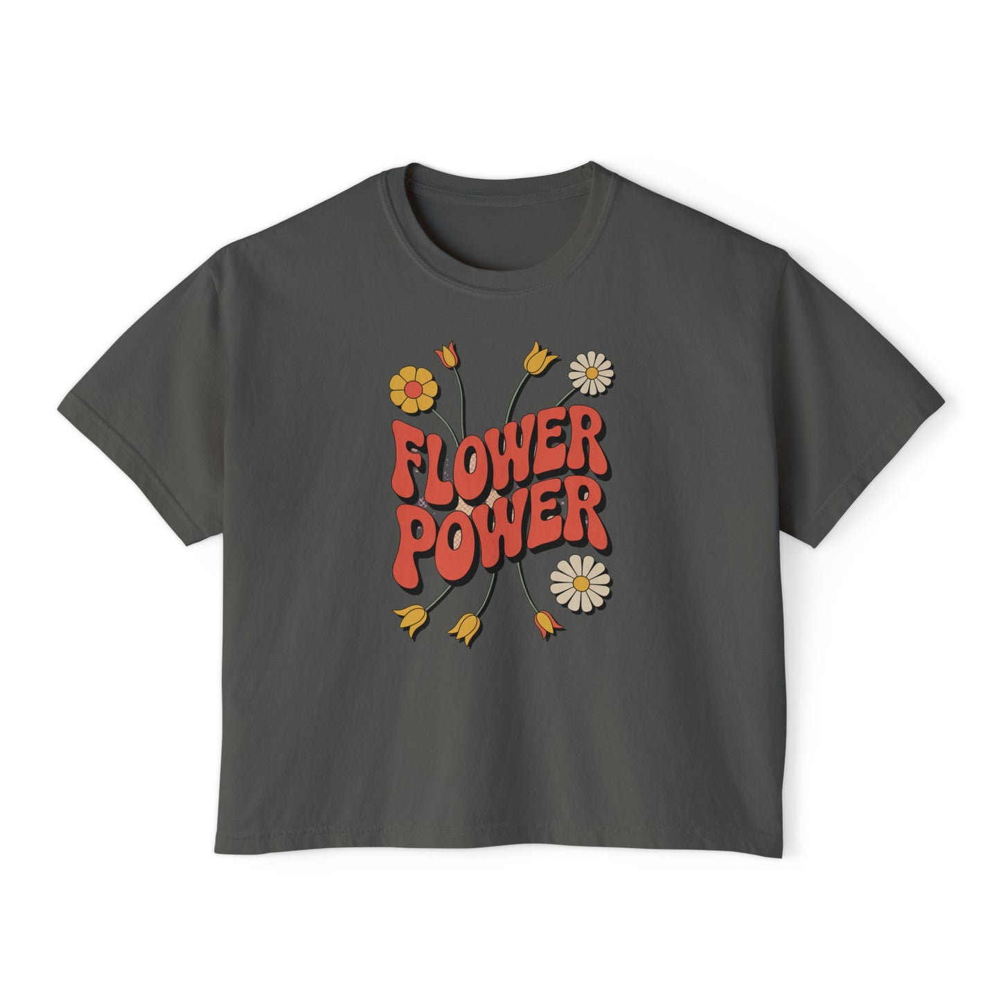 Flower Power Women's Boxy Tee, Vintage Inspired Top, Casual Streetwear, Boho Style Shirt, Perfect for Festivals, Everyday Wear