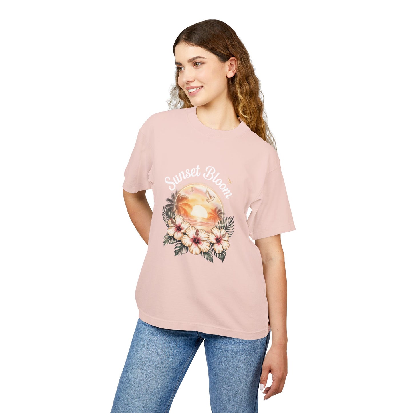 Sunset Bloom Heavy Tee | Soft Urban T-Shirt, Summer Outfit, Floral Graphic Tee, Beachwear, Gift for Her
