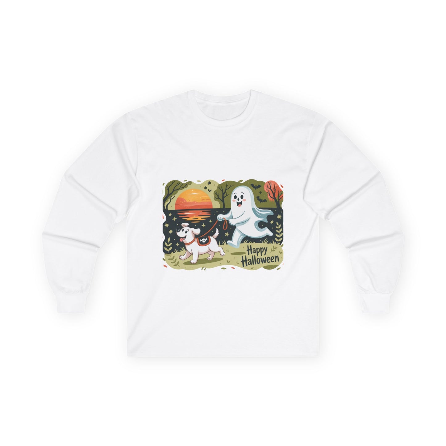 Halloween Ghost and Dog Long Sleeve Tee, Spooky Shirt, Fall Apparel, Unisex Halloween Shirt, Pumpkin Dog Tee, Cute Halloween Gift