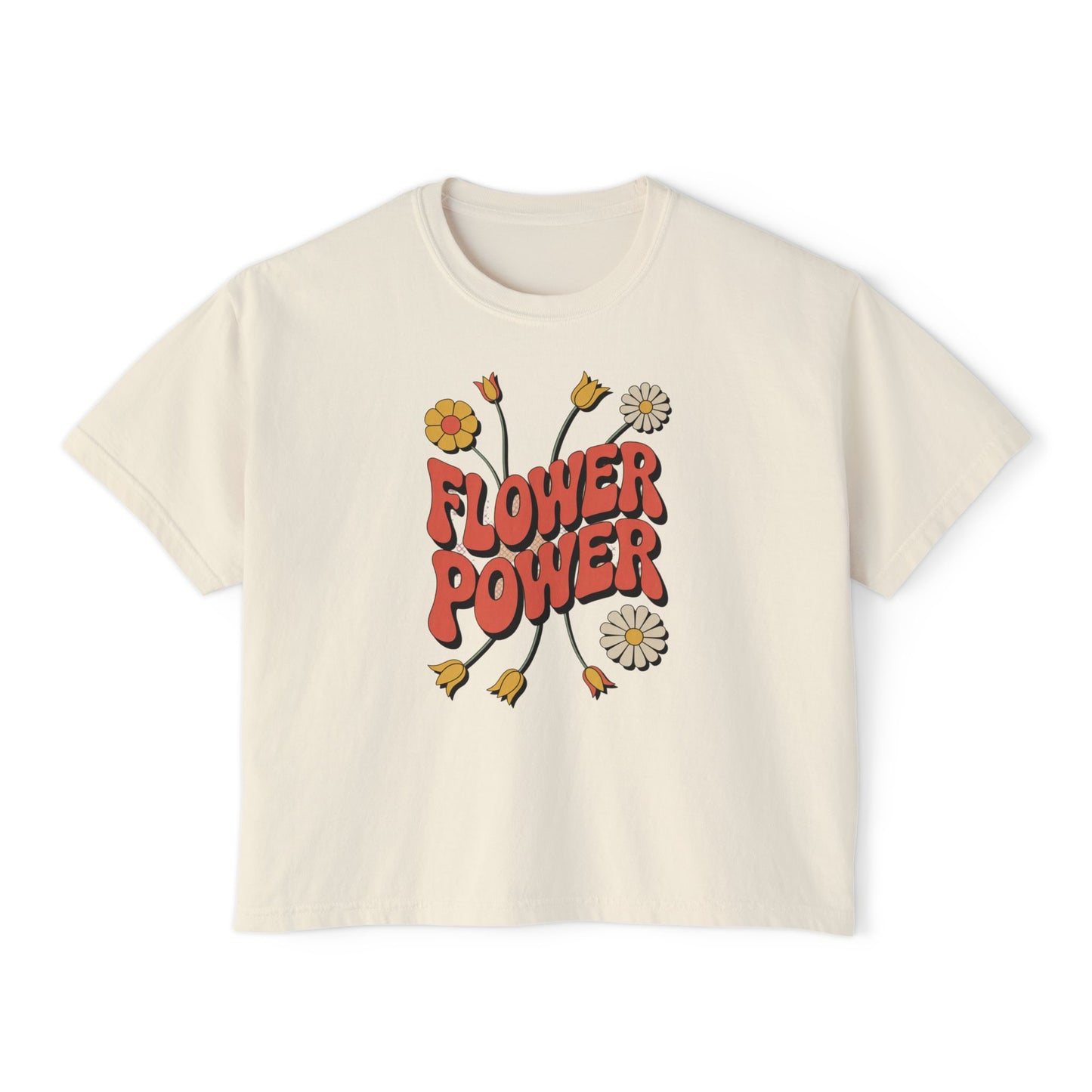 Flower Power Women's Boxy Tee, Vintage Inspired Top, Casual Streetwear, Boho Style Shirt, Perfect for Festivals, Everyday Wear
