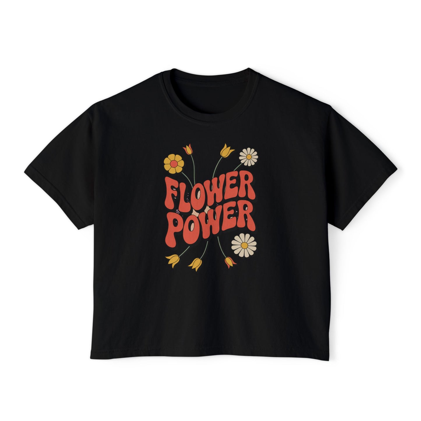 Flower Power Women's Boxy Tee, Vintage Inspired Top, Casual Streetwear, Boho Style Shirt, Perfect for Festivals, Everyday Wear