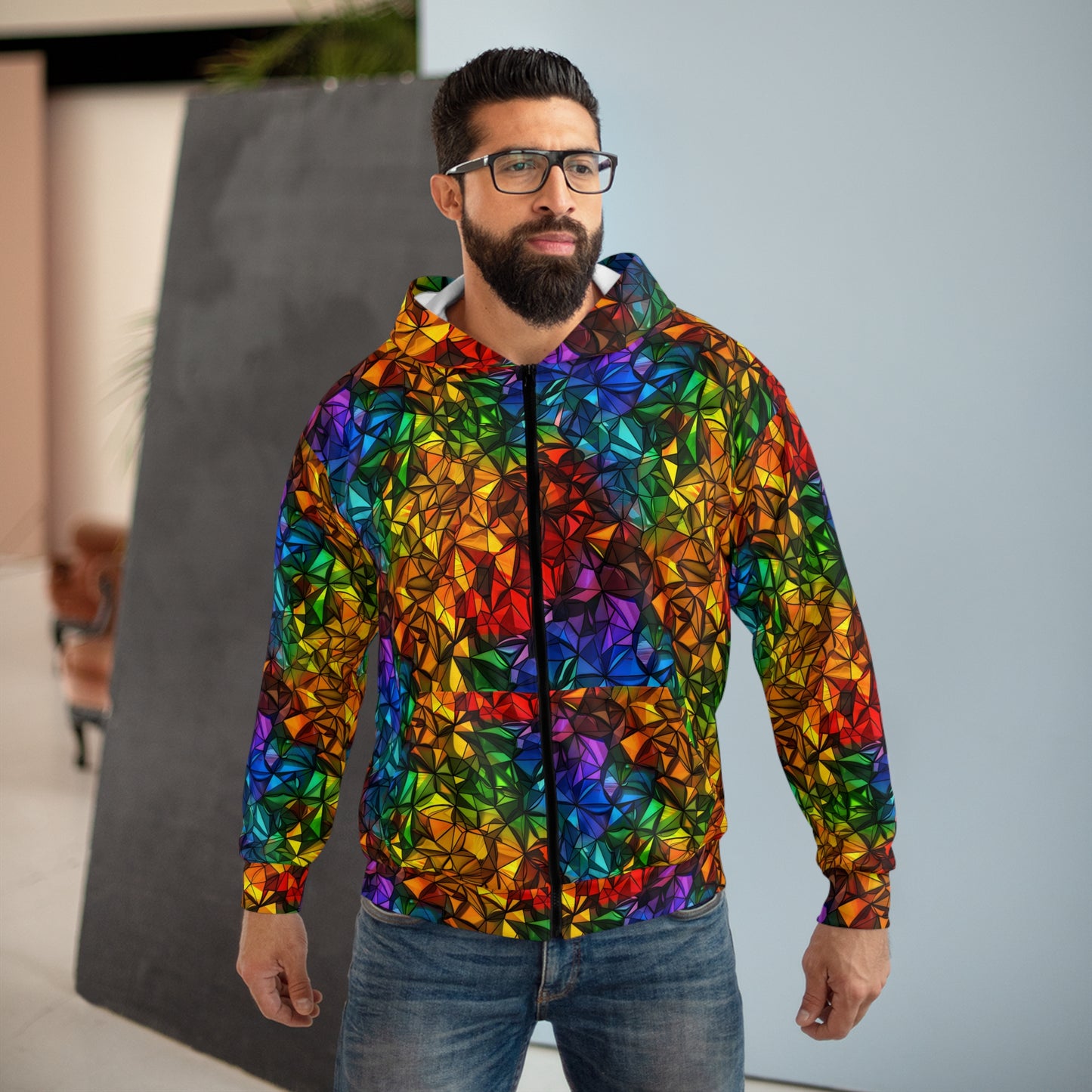 Felpa con cappuccio con zip geometrica vibrante - Design astratto colorato