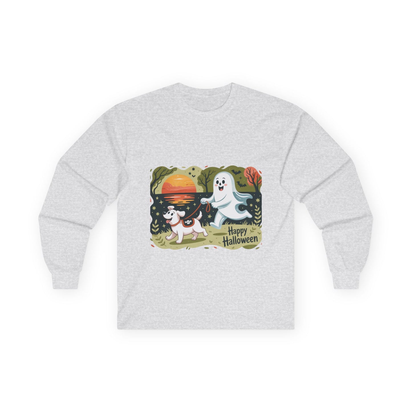Halloween Ghost and Dog Long Sleeve Tee, Spooky Shirt, Fall Apparel, Unisex Halloween Shirt, Pumpkin Dog Tee, Cute Halloween Gift