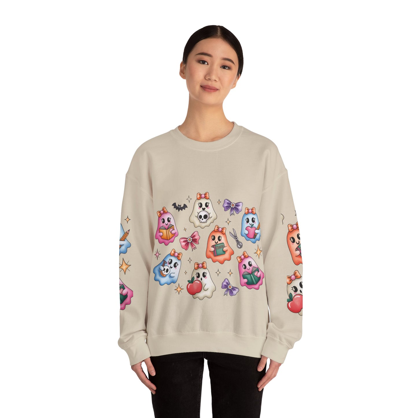 Cute Ghosts Women Crewneck Sweatshirt, Cozy Halloween Apparel, Spooky Season Outfit, Gift for Ghost Lovers, Funny Sweatshirt for Fall