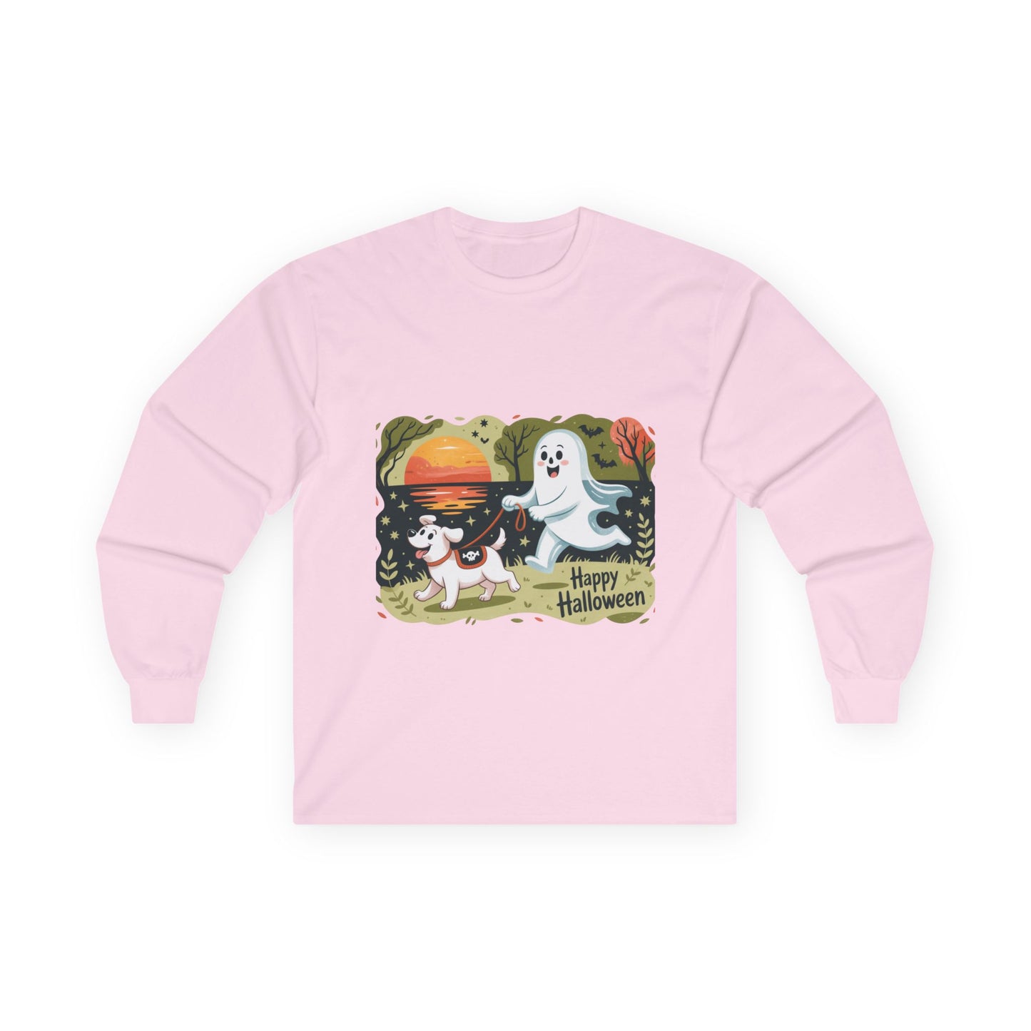 Halloween Ghost and Dog Long Sleeve Tee, Spooky Shirt, Fall Apparel, Unisex Halloween Shirt, Pumpkin Dog Tee, Cute Halloween Gift