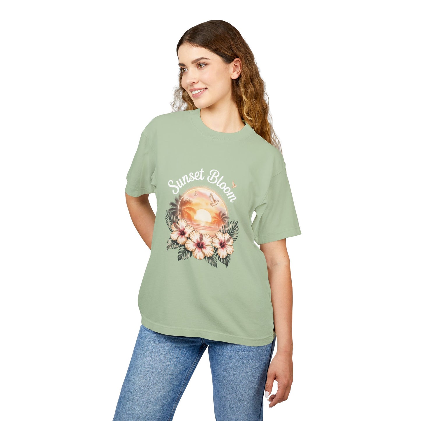 Sunset Bloom Heavy Tee | Soft Urban T-Shirt, Summer Outfit, Floral Graphic Tee, Beachwear, Gift for Her