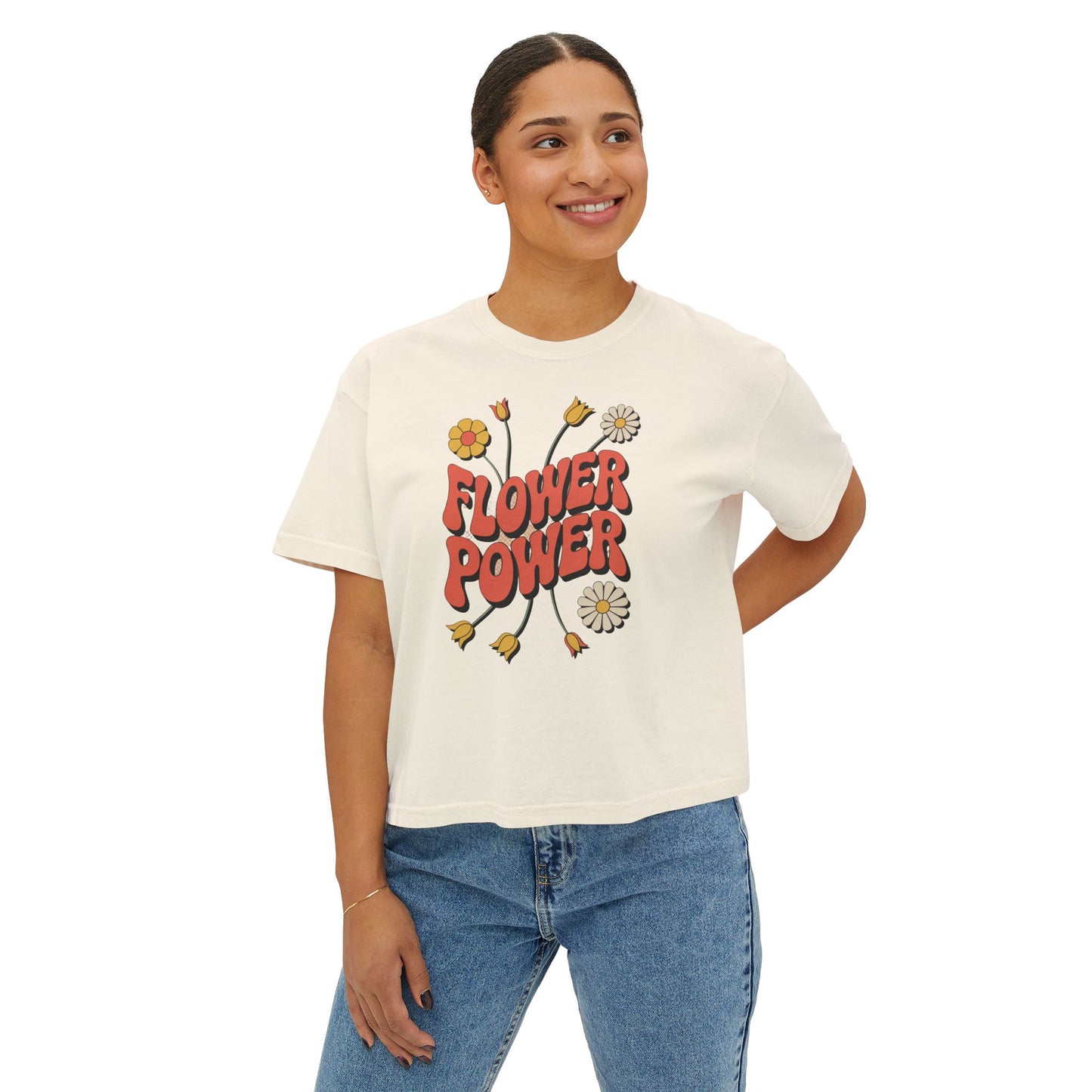 Flower Power Women's Boxy Tee, Vintage Inspired Top, Casual Streetwear, Boho Style Shirt, Perfect for Festivals, Everyday Wear