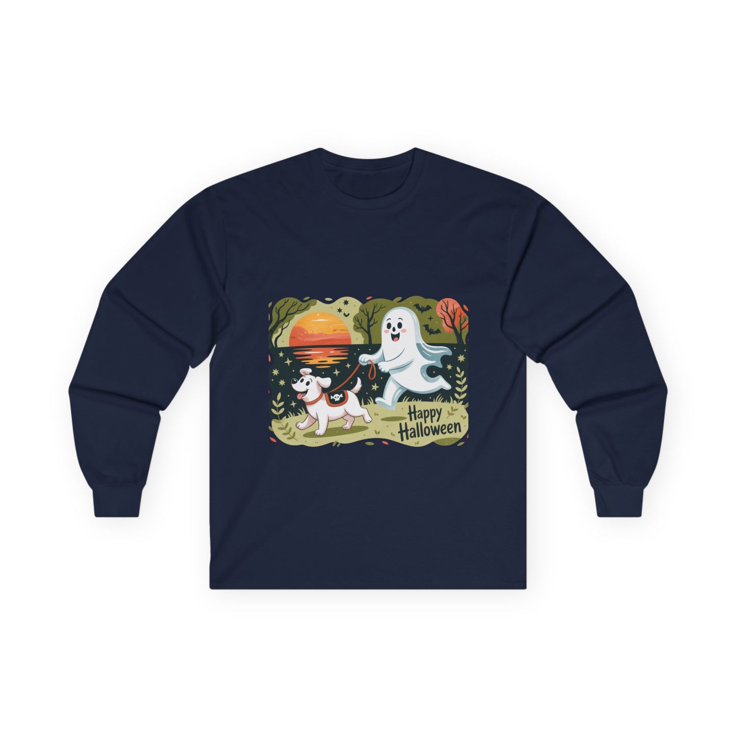 Halloween Ghost and Dog Long Sleeve Tee, Spooky Shirt, Fall Apparel, Unisex Halloween Shirt, Pumpkin Dog Tee, Cute Halloween Gift