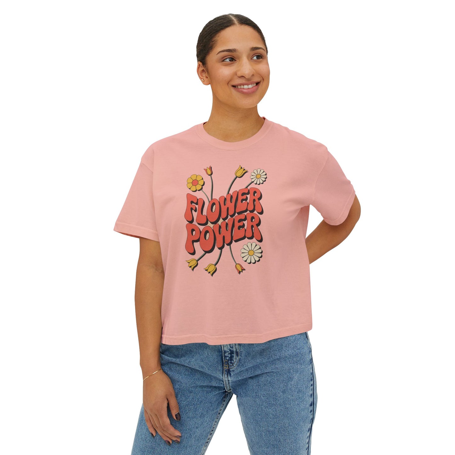 Flower Power Women's Boxy Tee, Vintage Inspired Top, Casual Streetwear, Boho Style Shirt, Perfect for Festivals, Everyday Wear