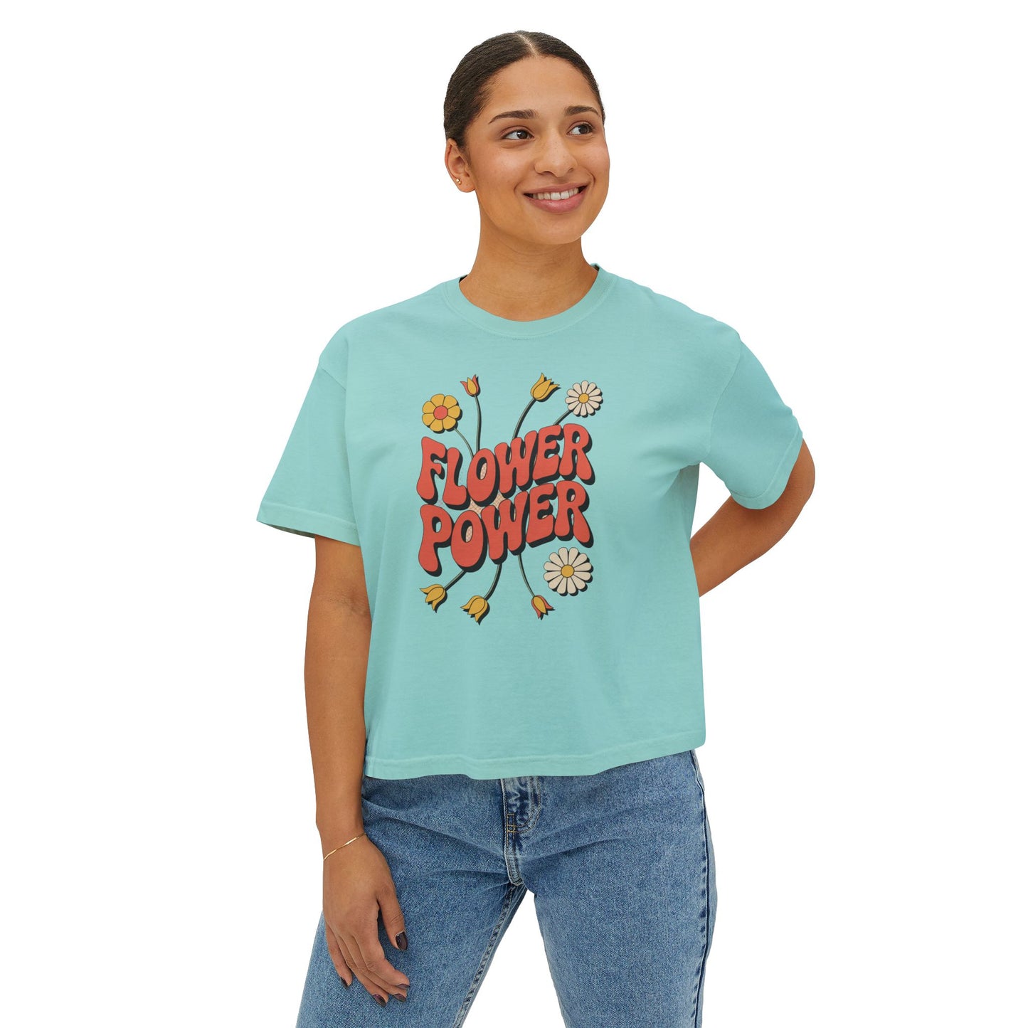 Flower Power Women's Boxy Tee, Vintage Inspired Top, Casual Streetwear, Boho Style Shirt, Perfect for Festivals, Everyday Wear