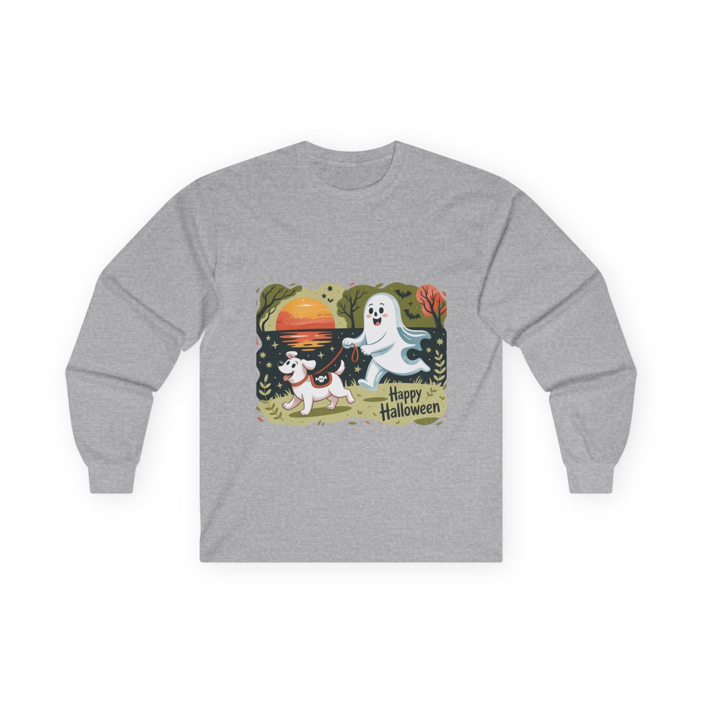 Halloween Ghost and Dog Long Sleeve Tee, Spooky Shirt, Fall Apparel, Unisex Halloween Shirt, Pumpkin Dog Tee, Cute Halloween Gift