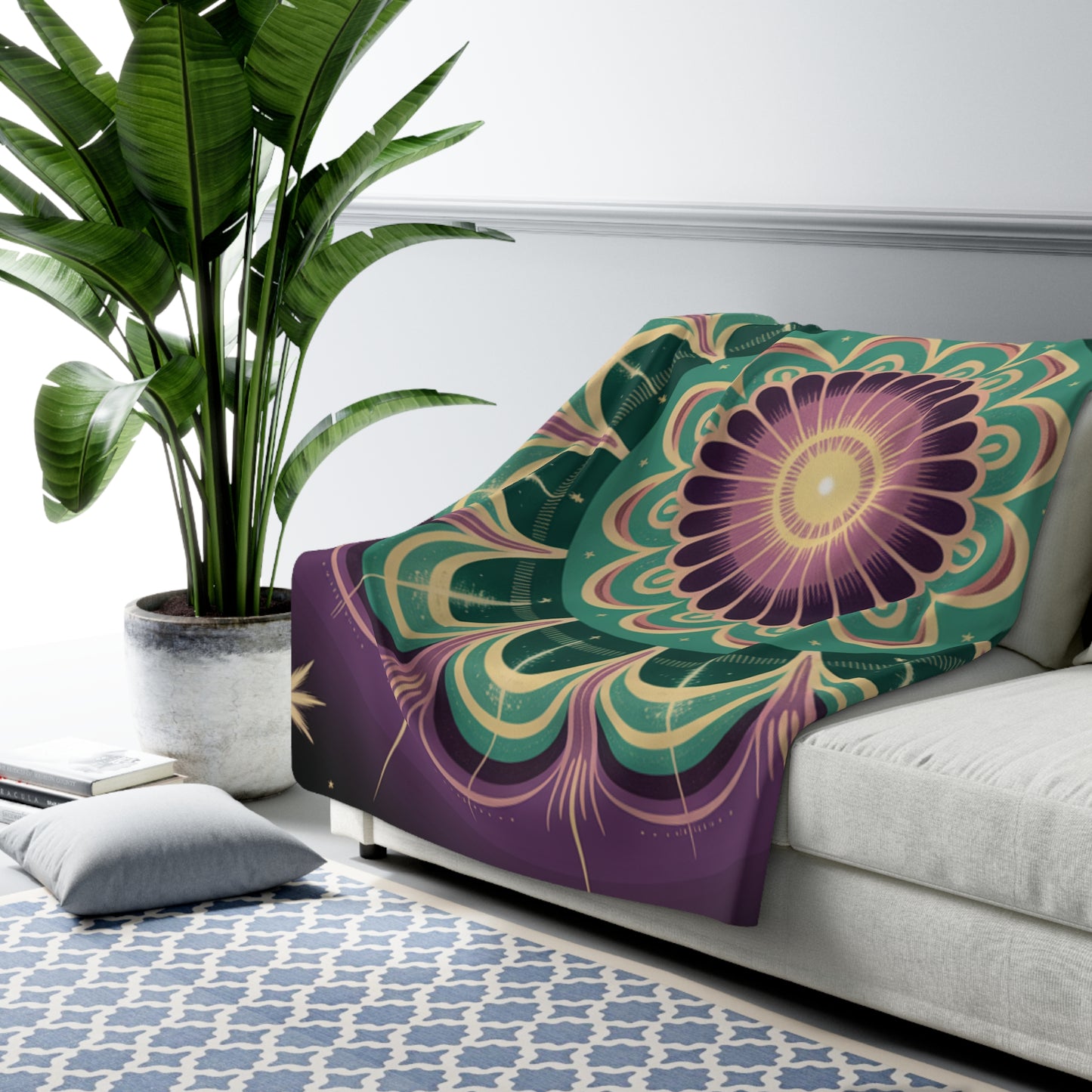Bohemian Mandala Sherpa Fleece Blanket, Cozy Home Decor, Gift for Her, Meditation Blanket, Warm Throw for Relaxation