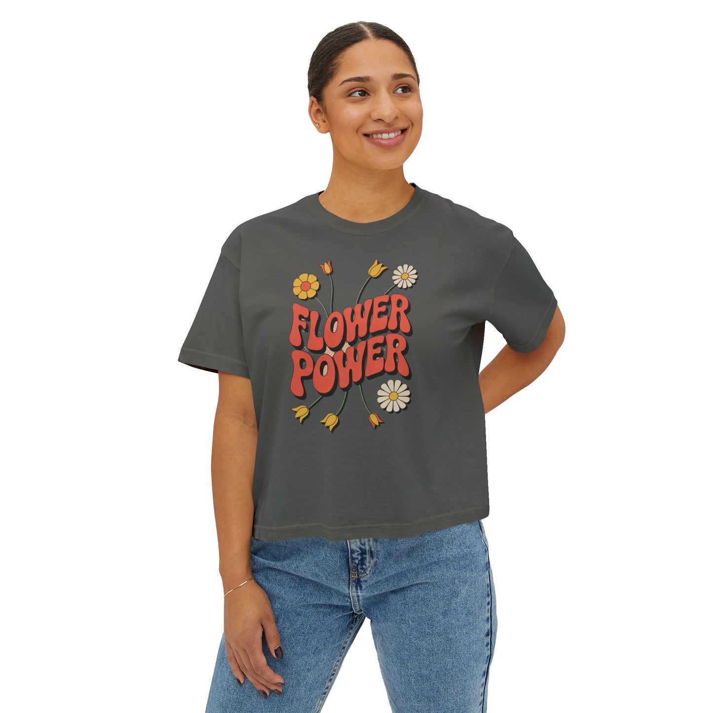 Flower Power Women's Boxy Tee, Vintage Inspired Top, Casual Streetwear, Boho Style Shirt, Perfect for Festivals, Everyday Wear