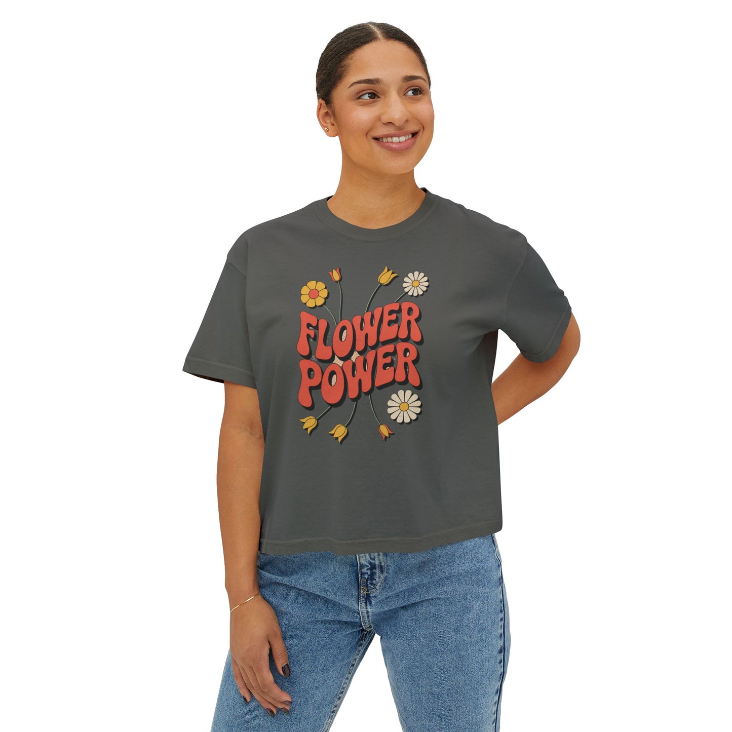 Flower Power Women's Boxy Tee, Vintage Inspired Top, Casual Streetwear, Boho Style Shirt, Perfect for Festivals, Everyday Wear
