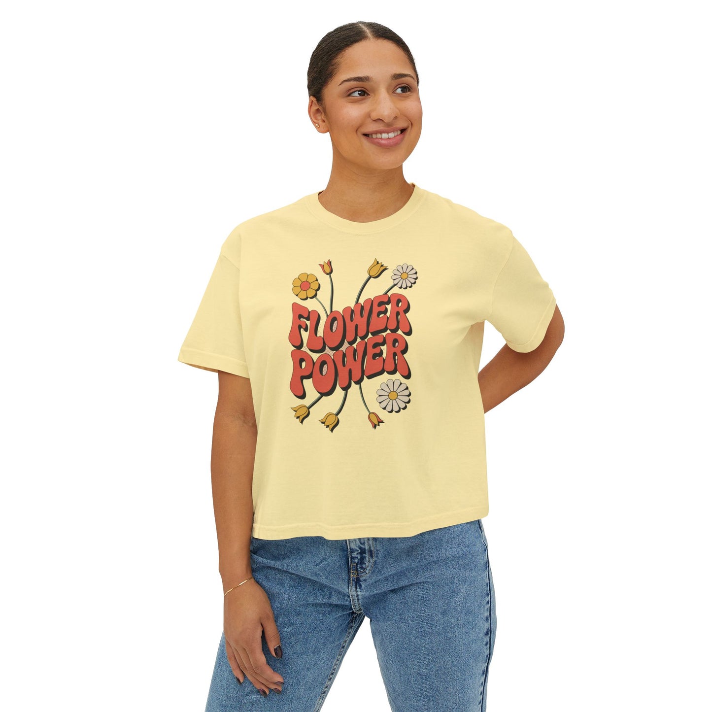 Flower Power Women's Boxy Tee, Vintage Inspired Top, Casual Streetwear, Boho Style Shirt, Perfect for Festivals, Everyday Wear