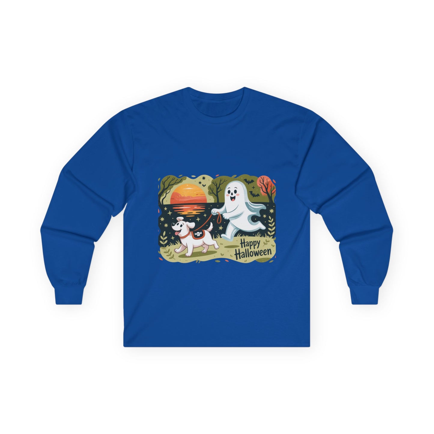 Halloween Ghost and Dog Long Sleeve Tee, Spooky Shirt, Fall Apparel, Unisex Halloween Shirt, Pumpkin Dog Tee, Cute Halloween Gift
