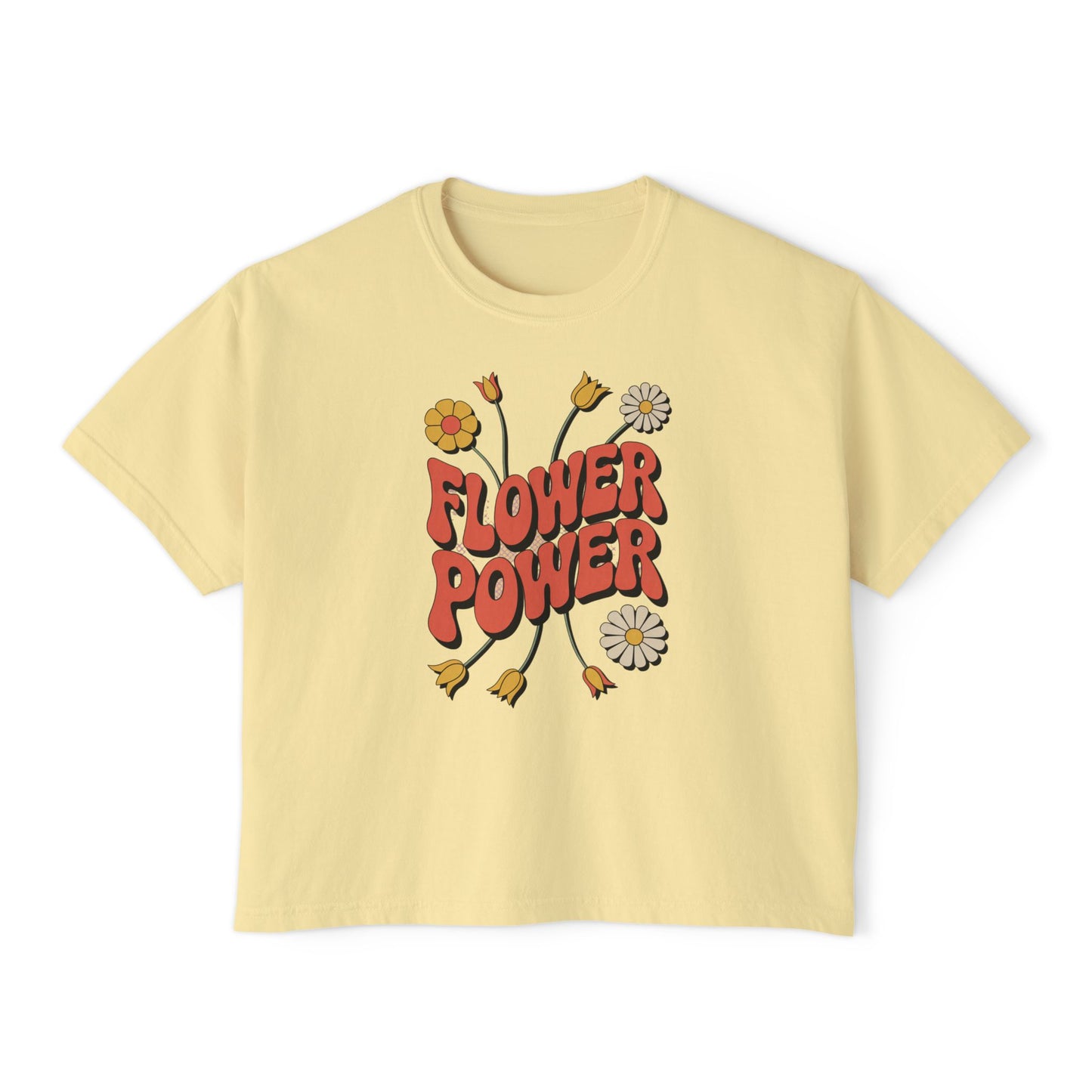 Flower Power Women's Boxy Tee, Vintage Inspired Top, Casual Streetwear, Boho Style Shirt, Perfect for Festivals, Everyday Wear