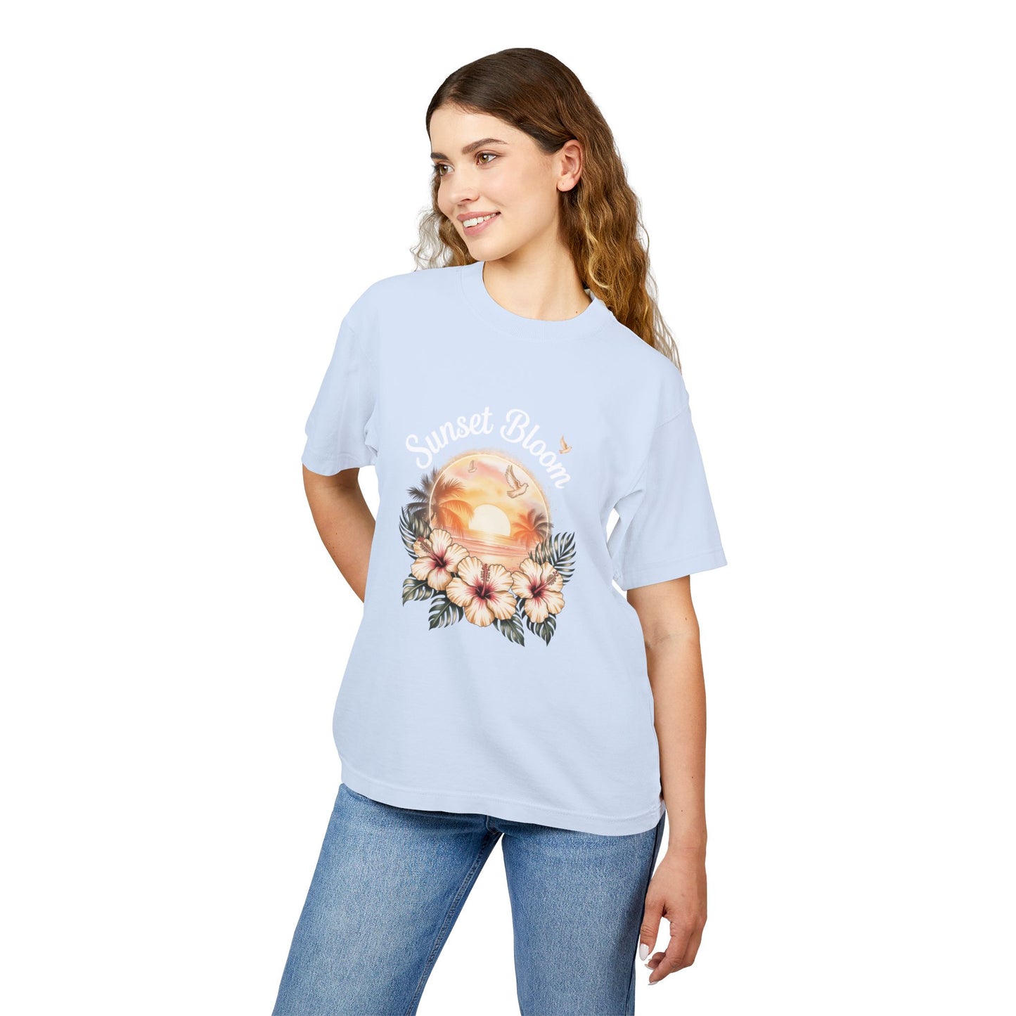 Sunset Bloom Heavy Tee | Soft Urban T-Shirt, Summer Outfit, Floral Graphic Tee, Beachwear, Gift for Her