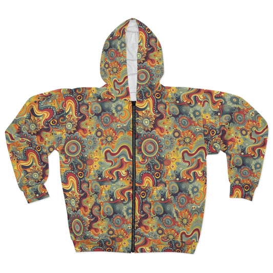 Sudadera con capucha y cremallera de estilo bohemio y colorido: perfecta para festivales y días de relax 