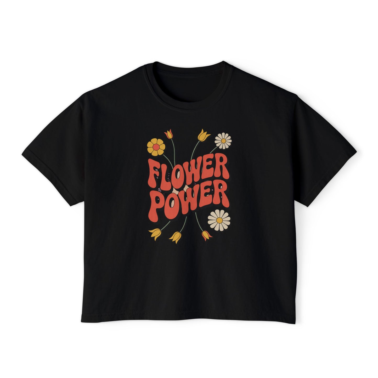 Flower Power Women's Boxy Tee, Vintage Inspired Top, Casual Streetwear, Boho Style Shirt, Perfect for Festivals, Everyday Wear