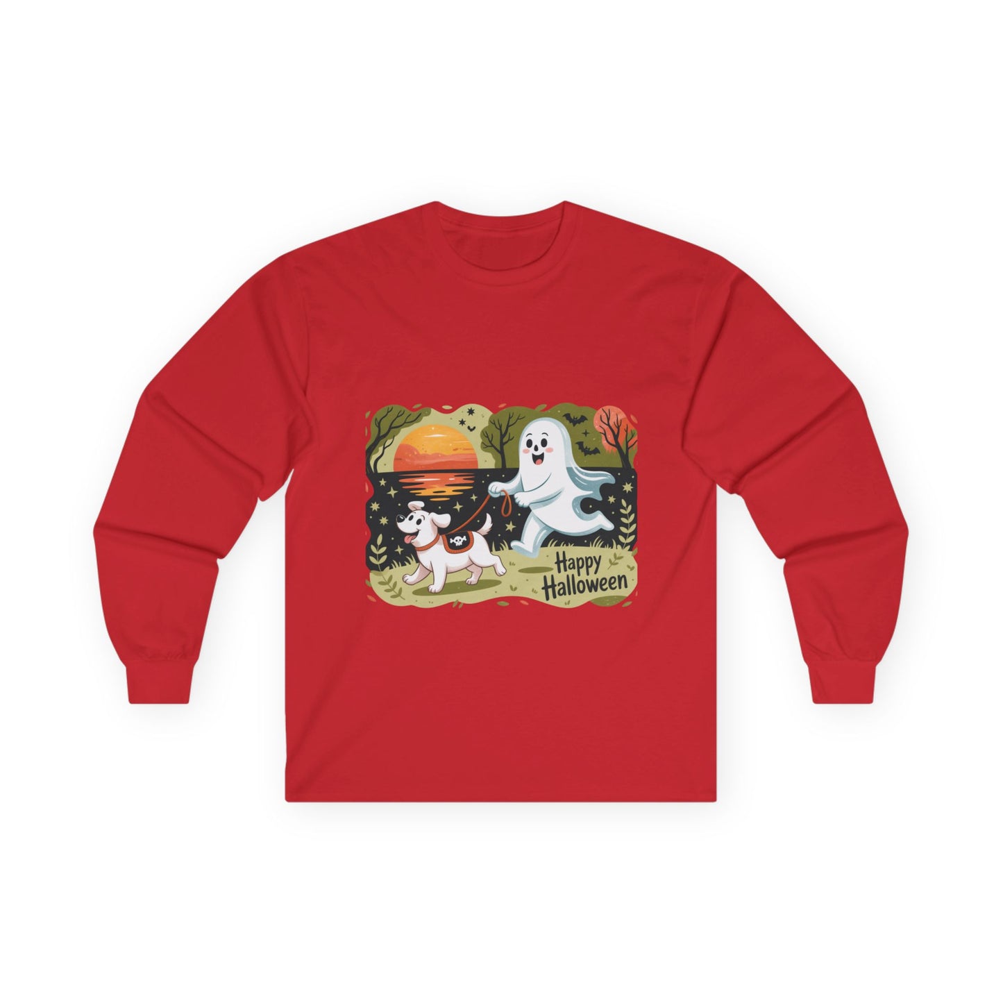 Halloween Ghost and Dog Long Sleeve Tee, Spooky Shirt, Fall Apparel, Unisex Halloween Shirt, Pumpkin Dog Tee, Cute Halloween Gift