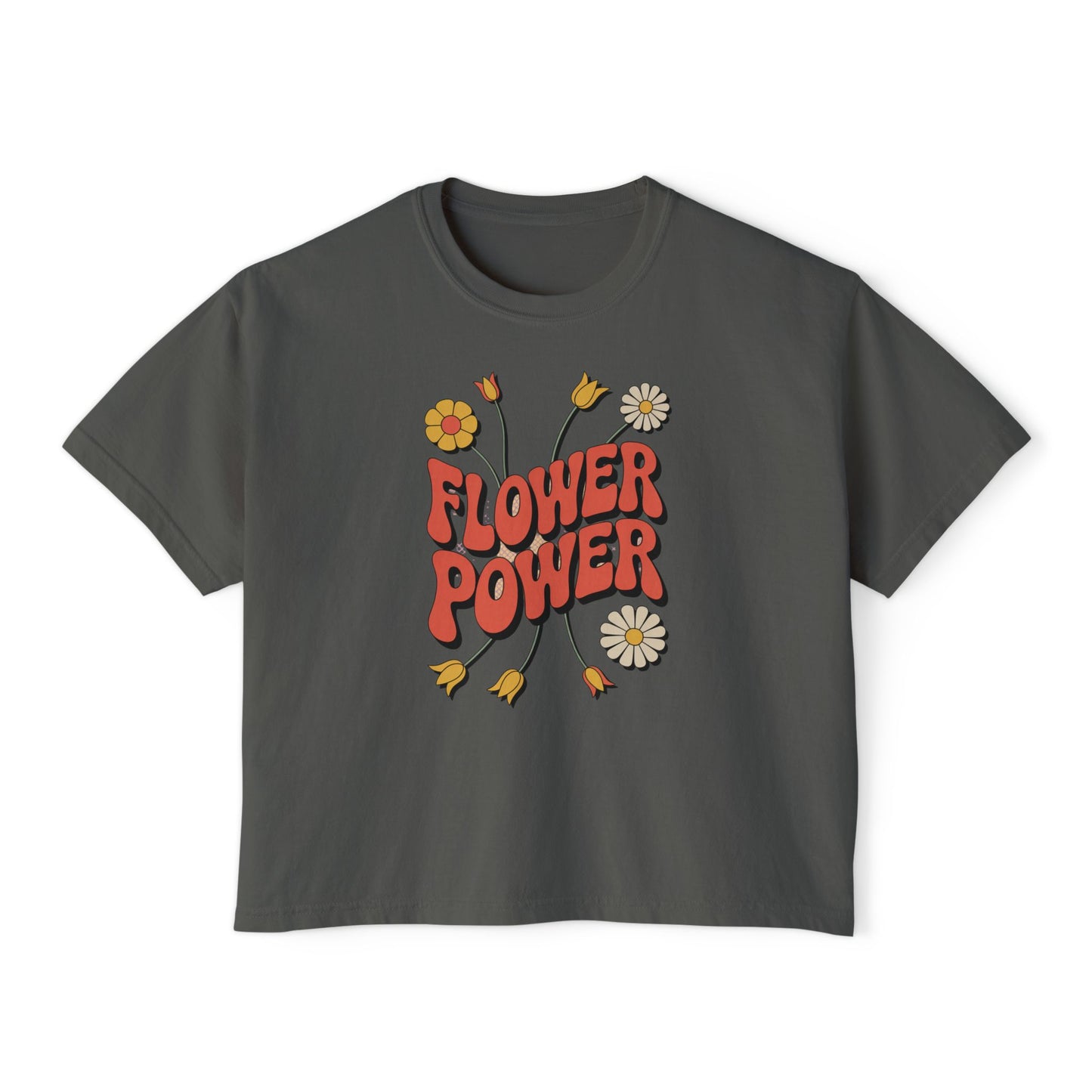 Flower Power Women's Boxy Tee, Vintage Inspired Top, Casual Streetwear, Boho Style Shirt, Perfect for Festivals, Everyday Wear