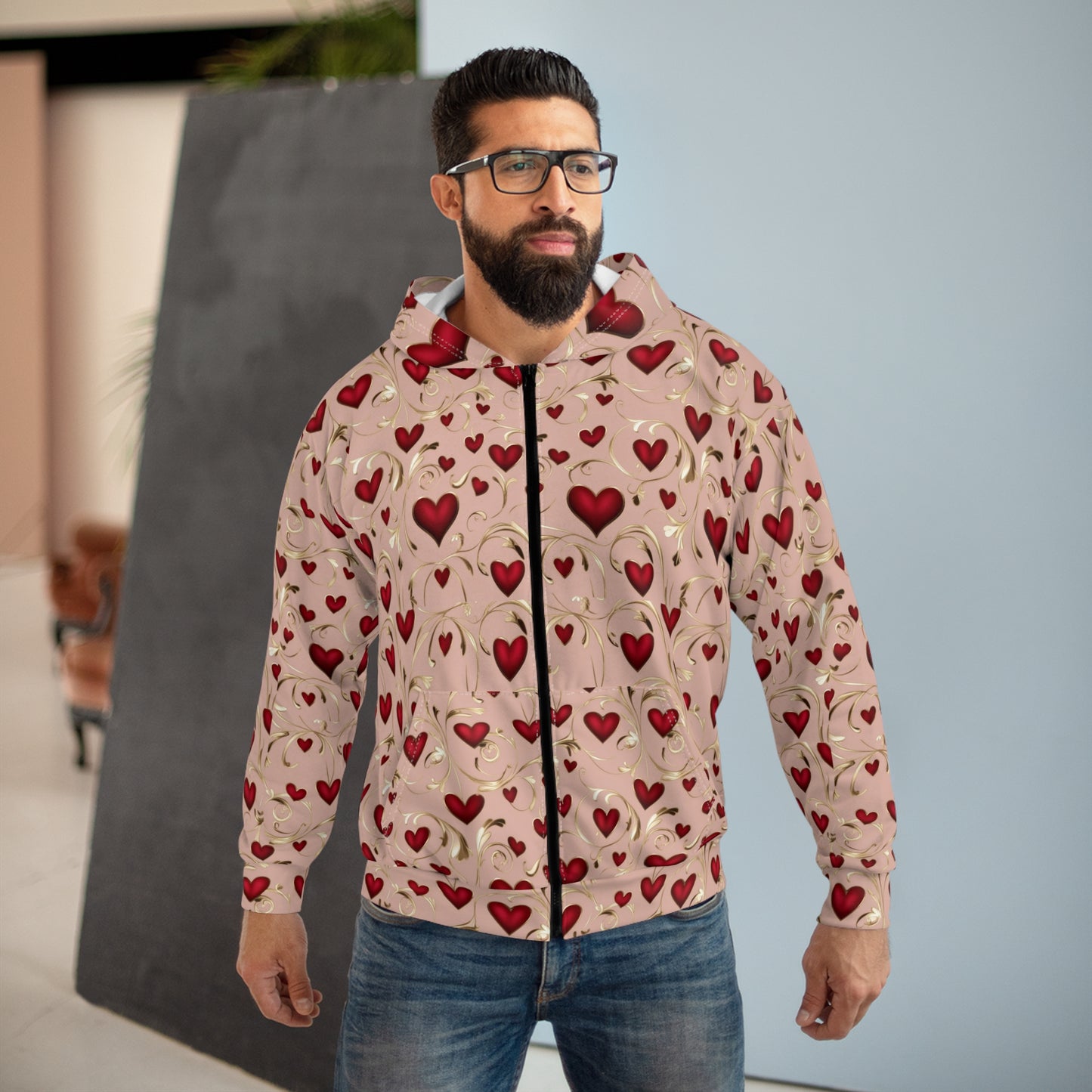 Love Hearts Zip Hoodie - Cozy Valentine's Day Apparel