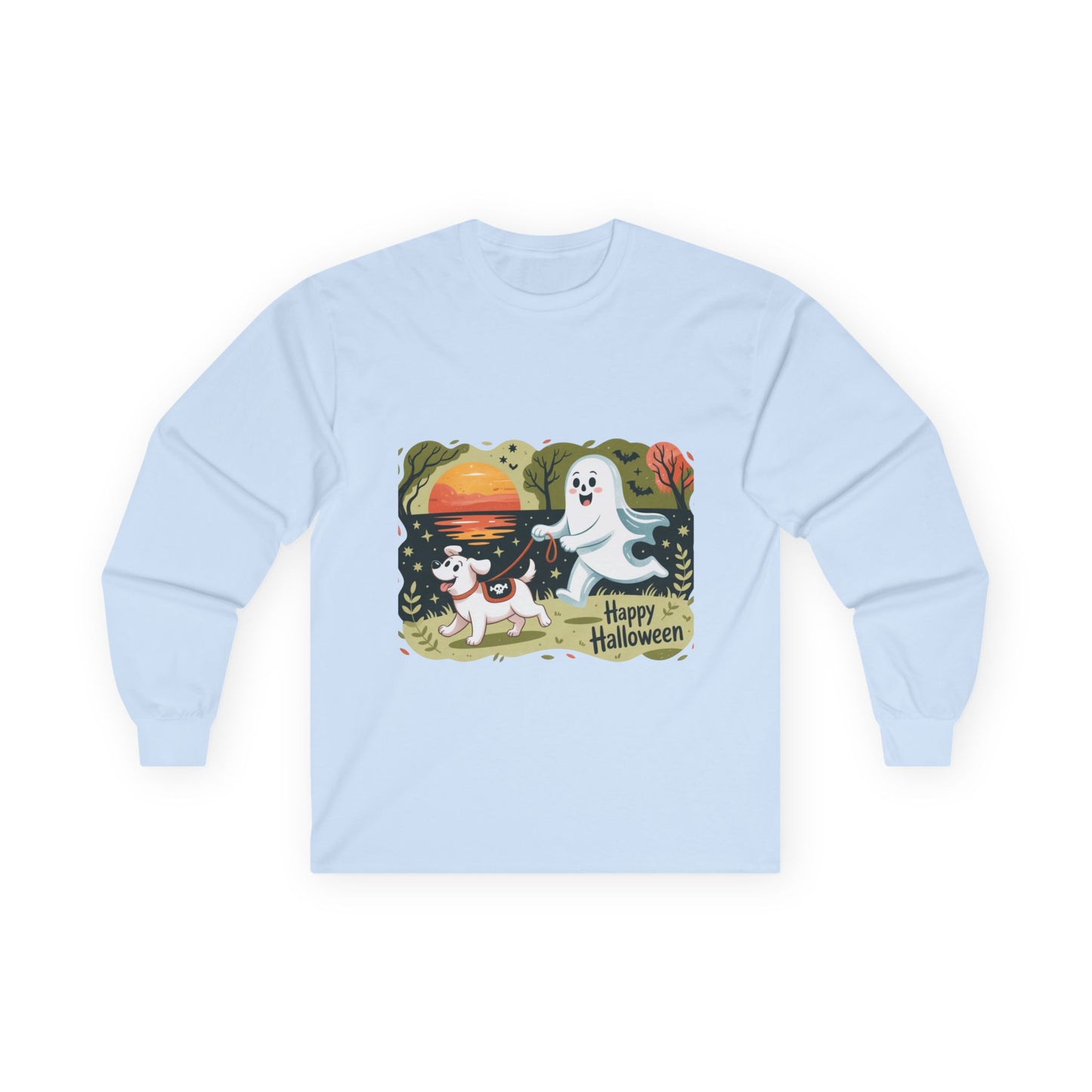 Halloween Ghost and Dog Long Sleeve Tee, Spooky Shirt, Fall Apparel, Unisex Halloween Shirt, Pumpkin Dog Tee, Cute Halloween Gift