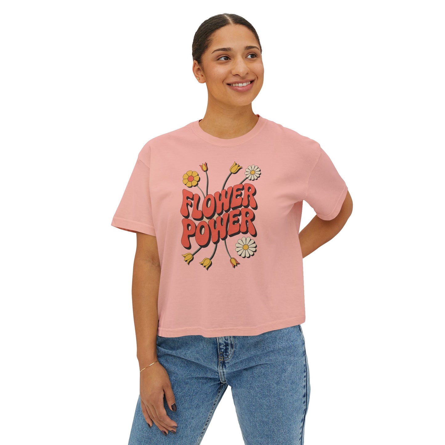 Flower Power Women's Boxy Tee, Vintage Inspired Top, Casual Streetwear, Boho Style Shirt, Perfect for Festivals, Everyday Wear