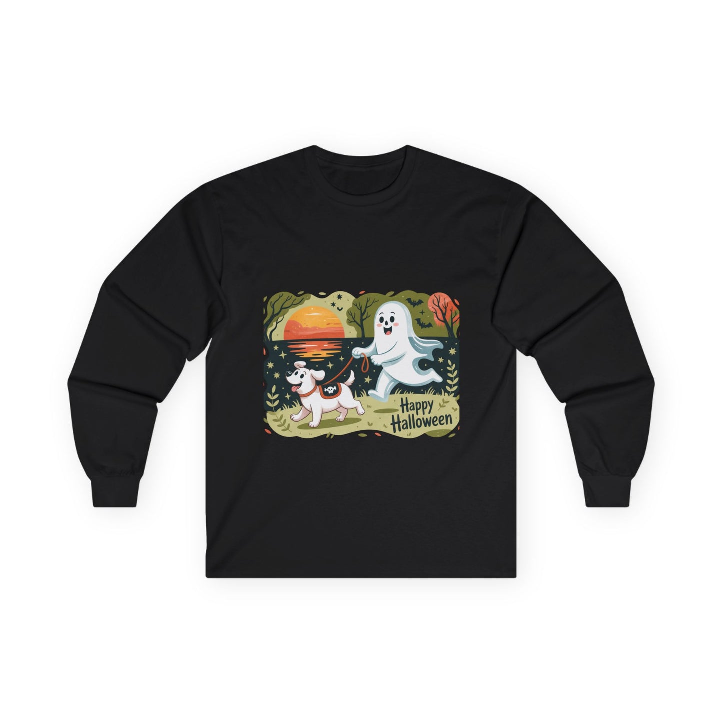 Halloween Ghost and Dog Long Sleeve Tee, Spooky Shirt, Fall Apparel, Unisex Halloween Shirt, Pumpkin Dog Tee, Cute Halloween Gift