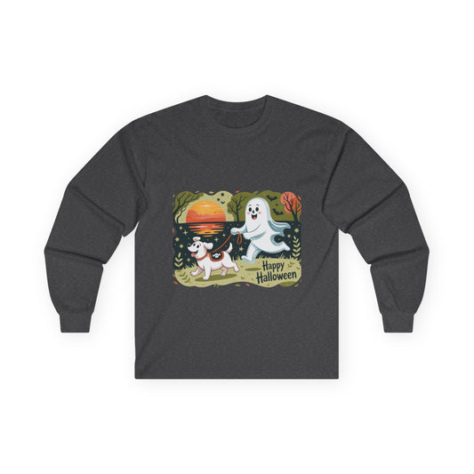 Halloween Ghost and Dog Long Sleeve Tee, Spooky Shirt, Fall Apparel, Unisex Halloween Shirt, Pumpkin Dog Tee, Cute Halloween Gift