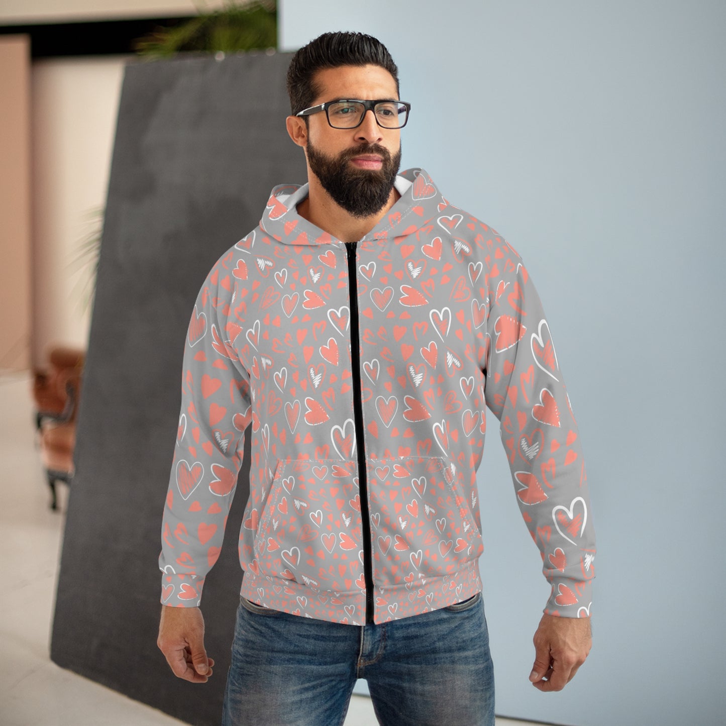 Valentine's Day Heart Pattern Zip Hoodie