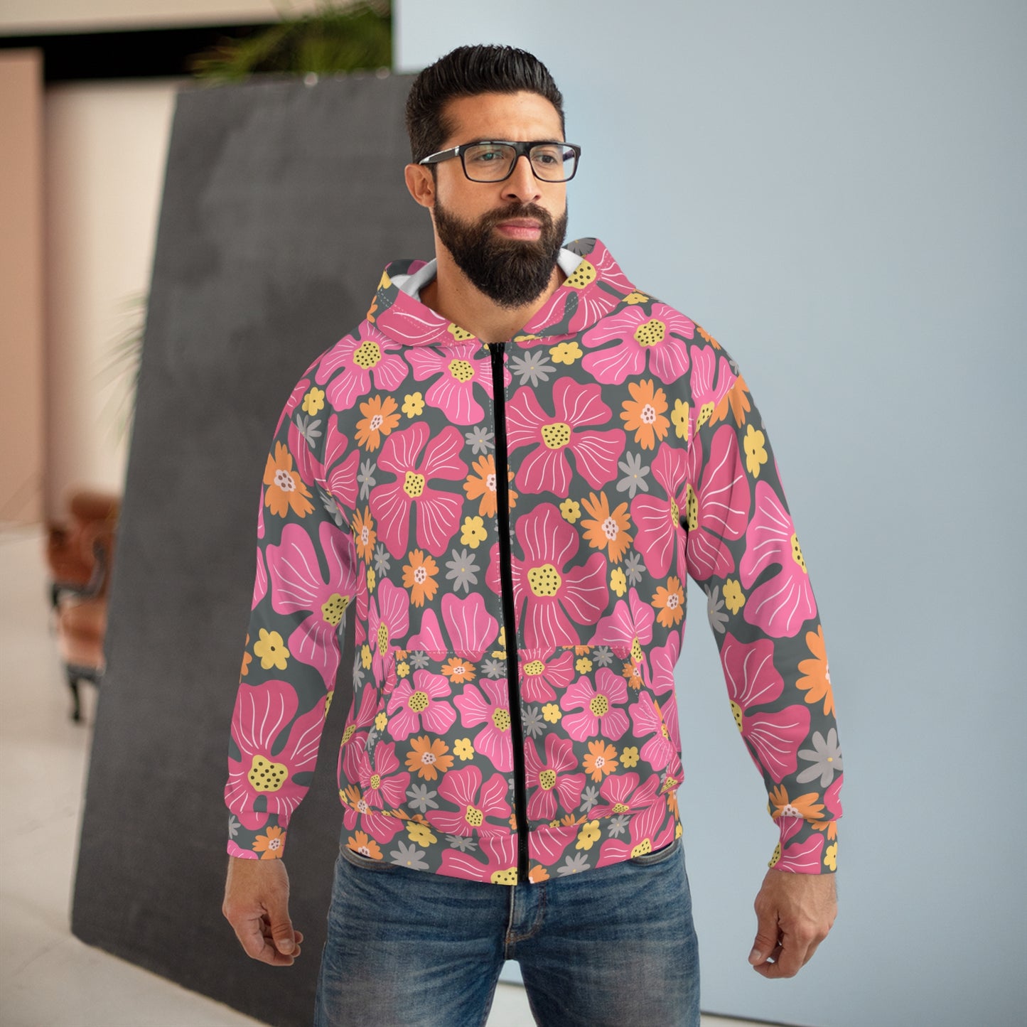 Floral Zip Hoodie - Colorful Botanical Design for Cozy Days